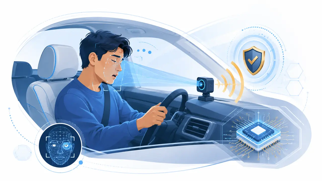 Illustration of DrowsyGuard monitoring a driver's face with an in-vehicle camera and ESP32-S3 edge AI